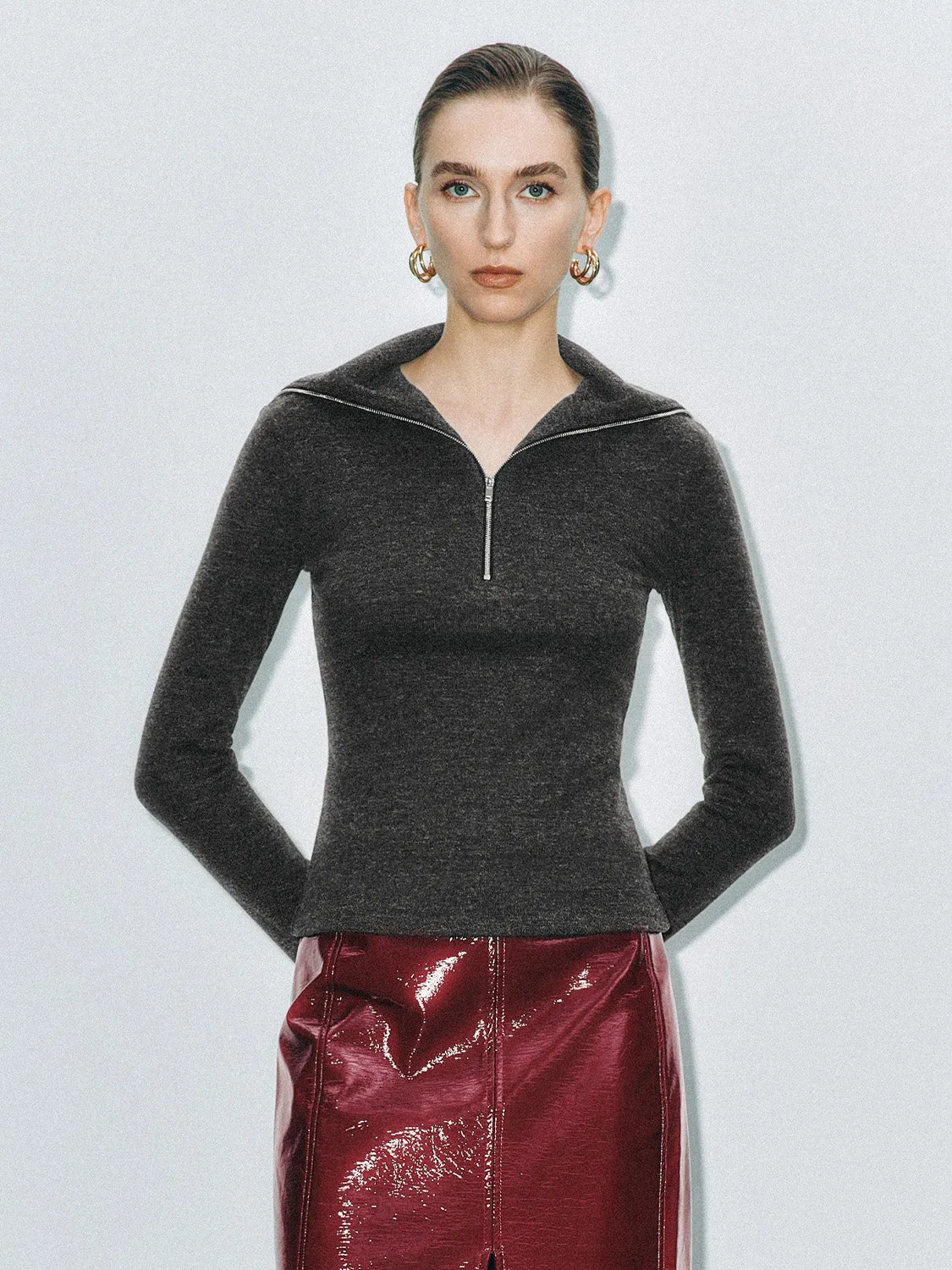 Lapel Zip Half Placket Skinny T-Shirts sold by Urban Revivo