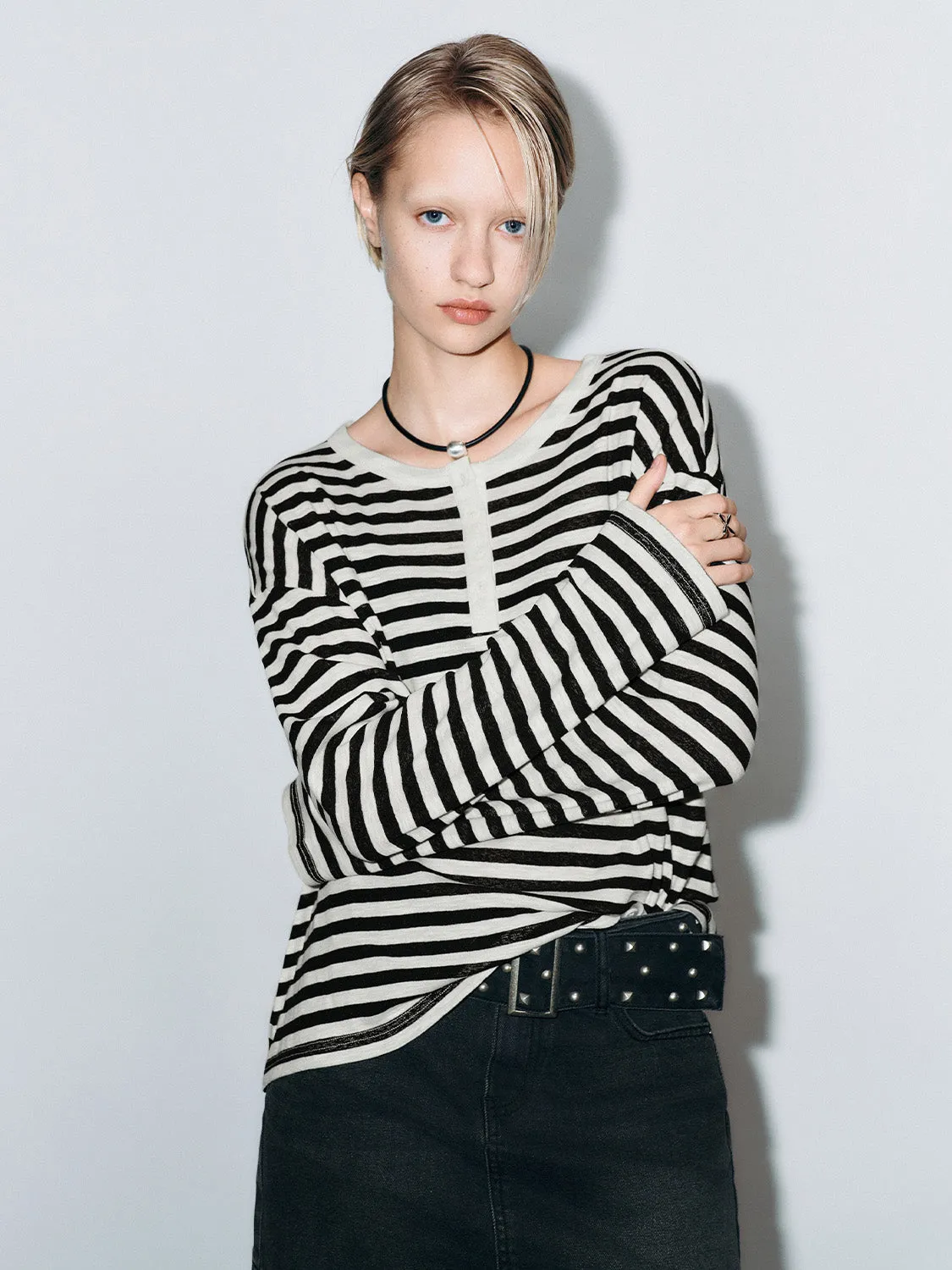 Striped Button Half Placket Loose T-Shirts sold by Urban Revivo