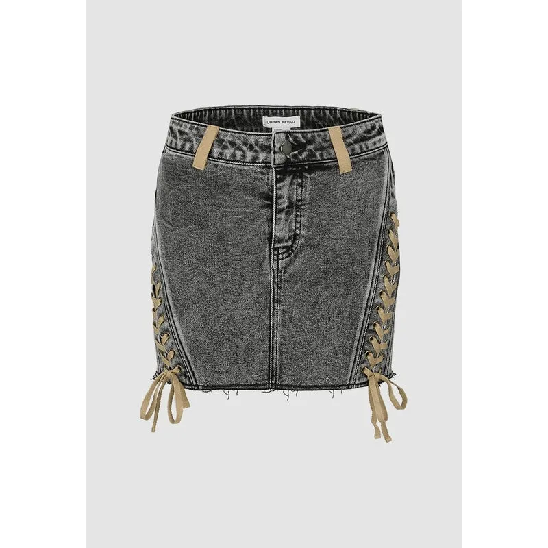 Lace Up Decor Denim Skirts sold by Urban Revivo product image thumbnail 3