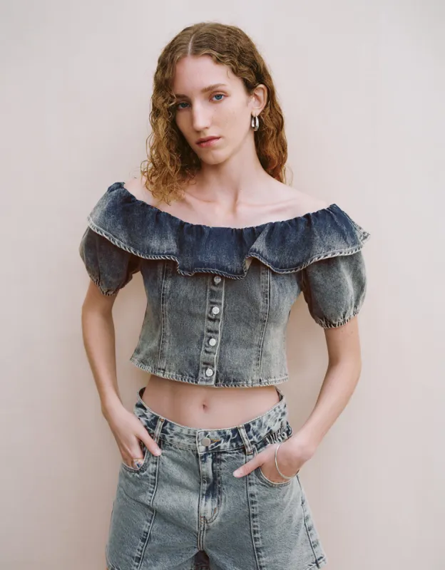 Ruffle U Neck Denim Shirt made by Urban Revivo