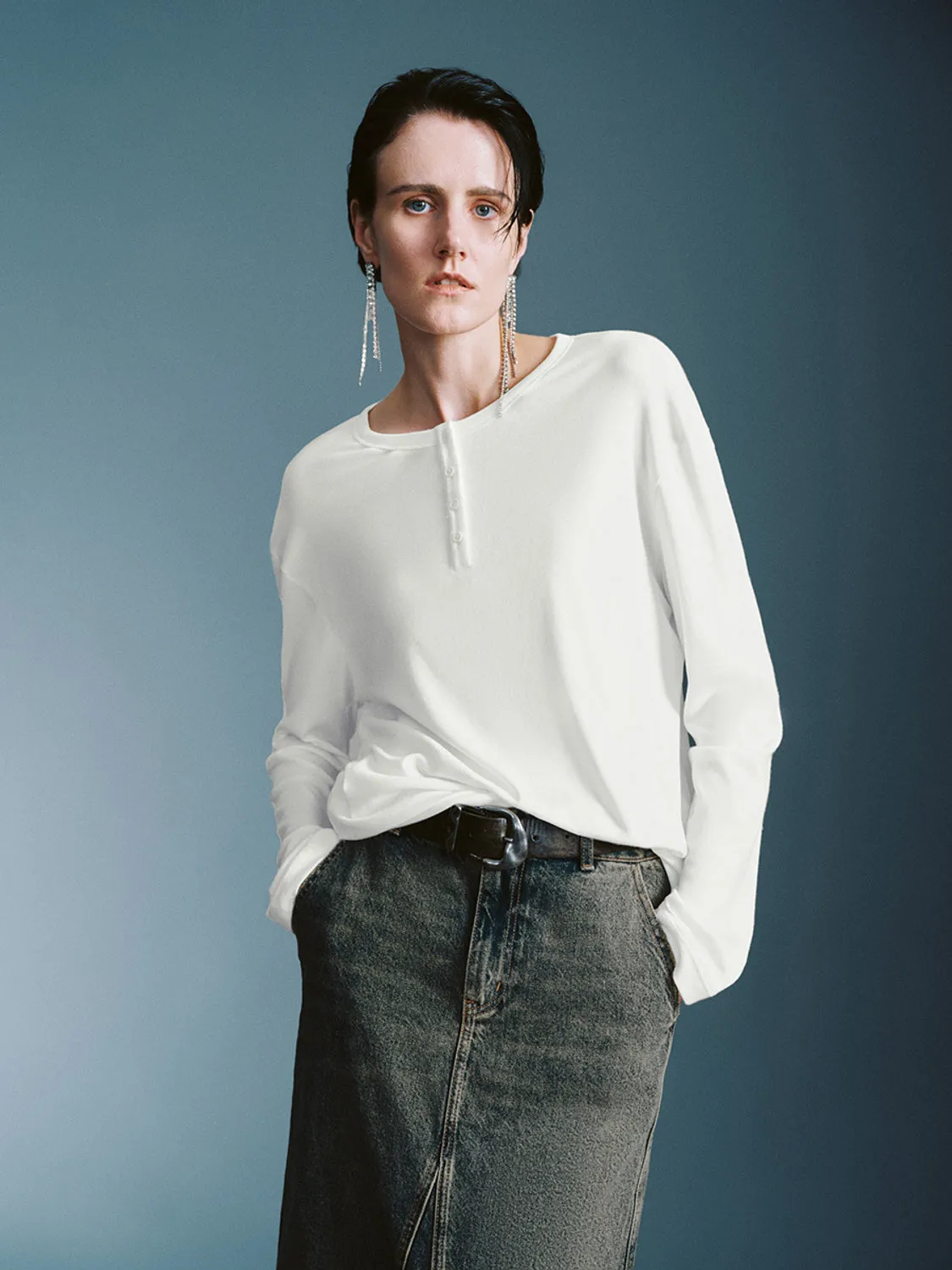 Button Half Placket Loose T-Shirts sold by Urban Revivo