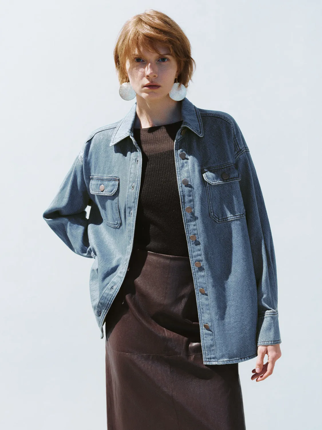 Loose Straight Denim Shirt sold by Urban Revivo