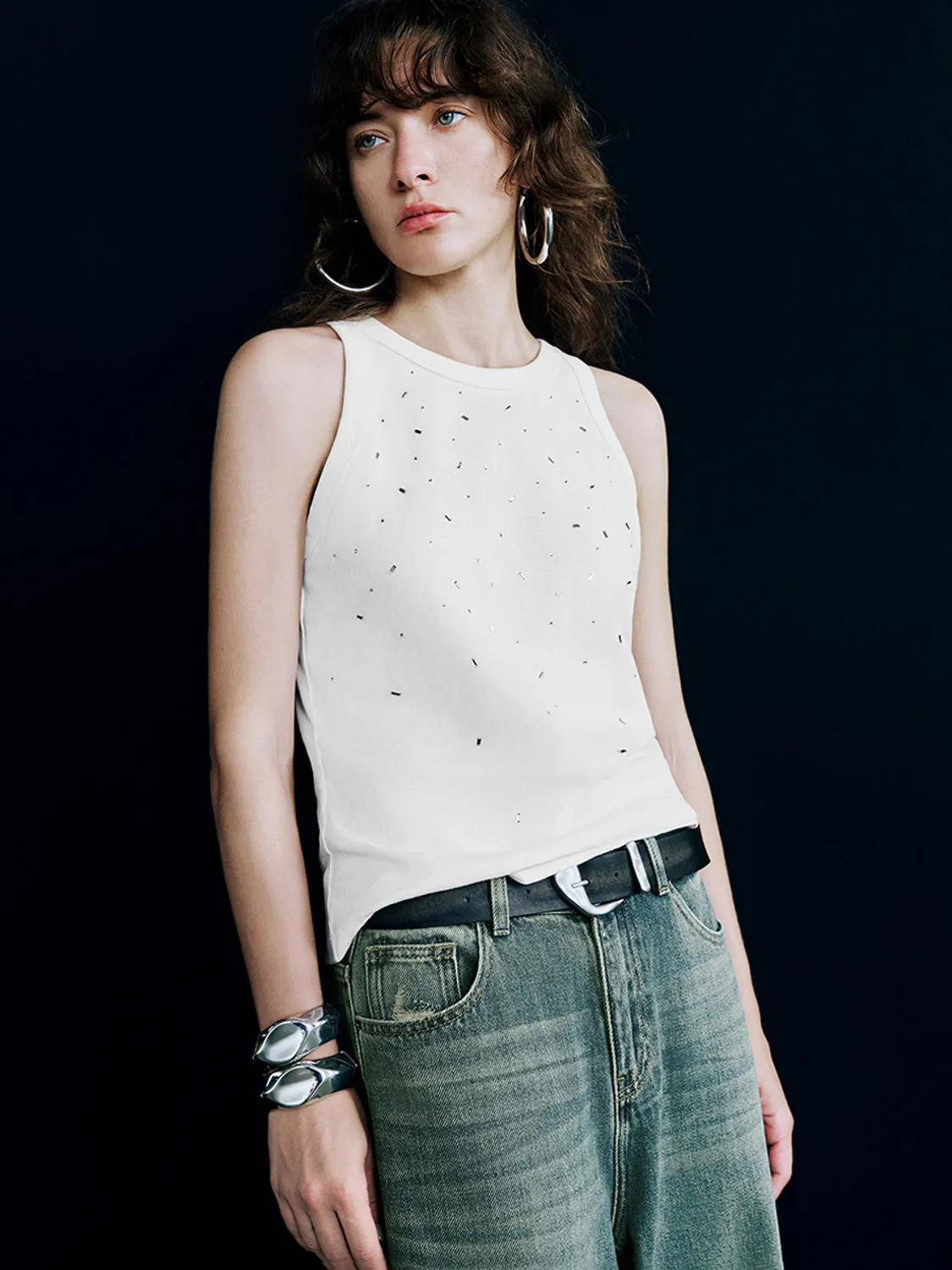 Rhinestone Decor Crew Neck Tank Top sold by Urban Revivo