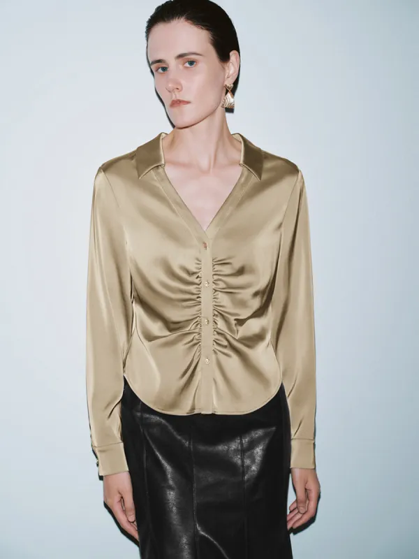Lapel Ruched Long Sleeve Shirts sold by Urban Revivo
