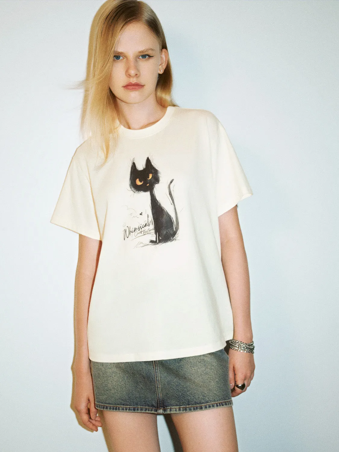 Cat Printed Crew Neck Straight T-Shirt sold by Urban Revivo