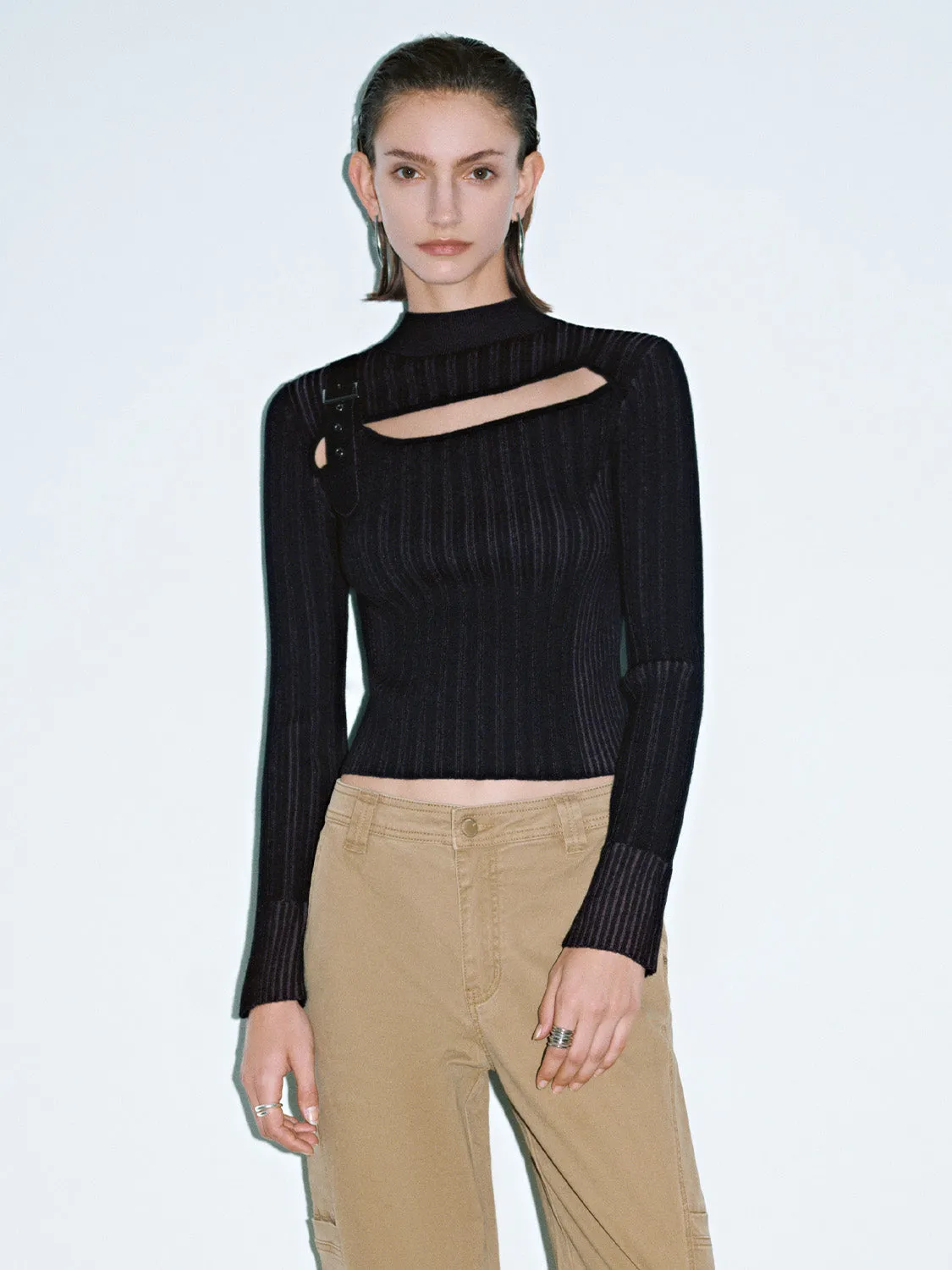 Cut Out Front Skinny Knitted T-Shirts sold by Urban Revivo