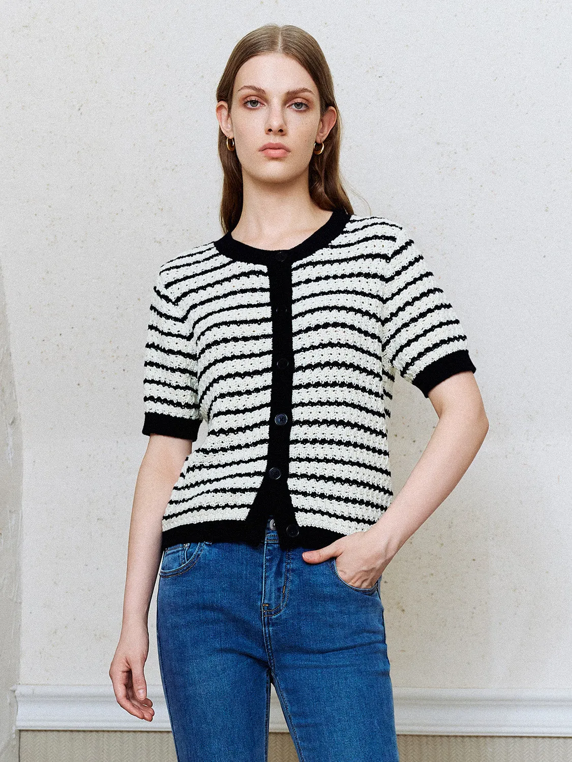 Short Sleeve Striped Knitted Cardigans sold by Urban Revivo