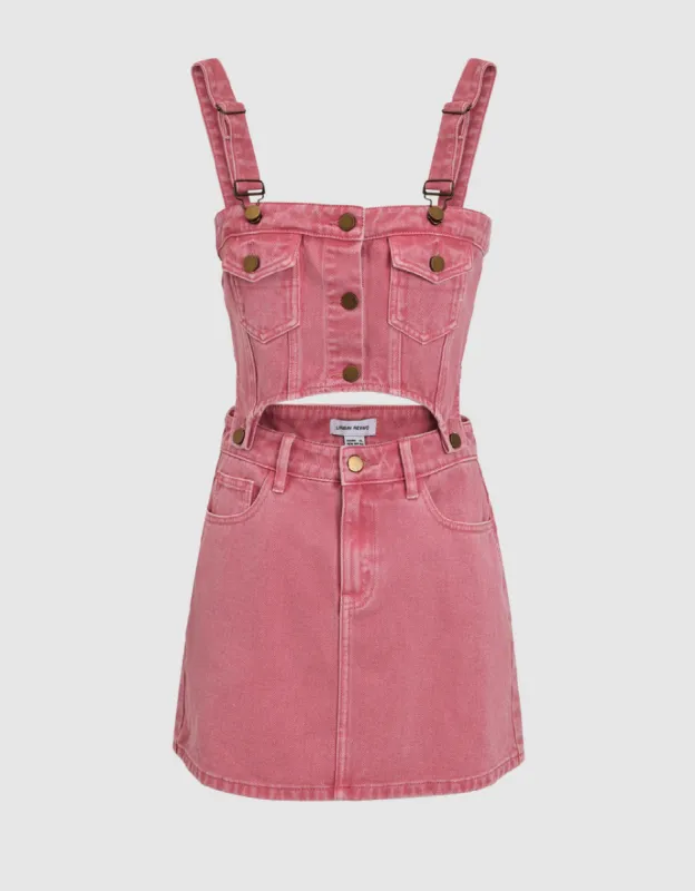 Cut-Out Mini Denim Pinafore Dress sold by Urban Revivo
