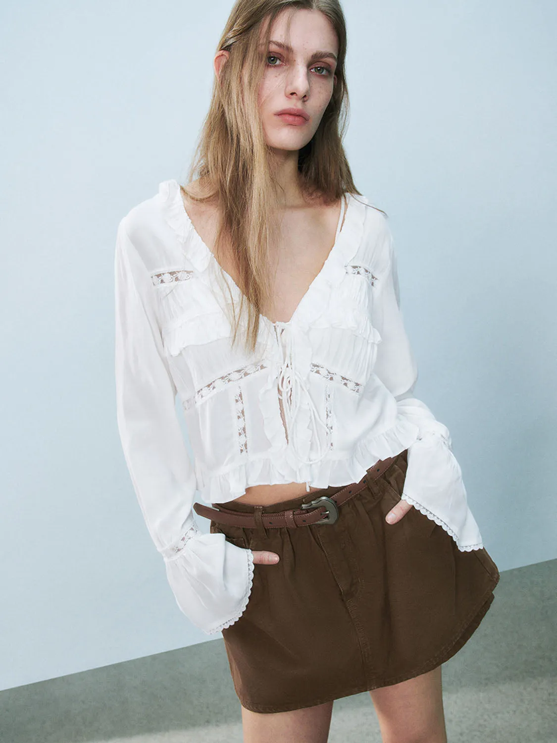 Ruffle Hem Long Sleeve Shirts sold by Urban Revivo