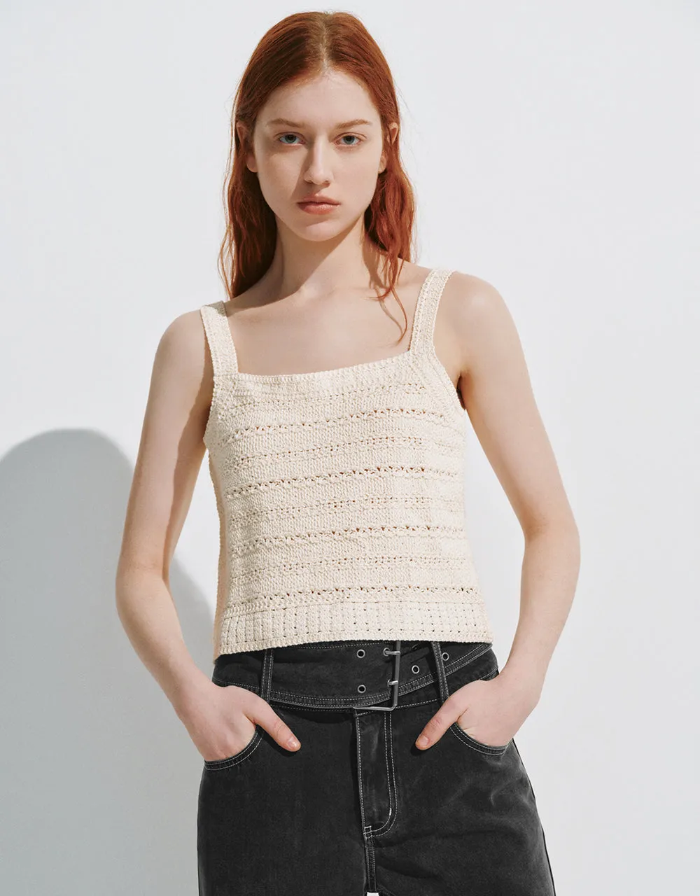 Crochet Square-cut Collar Knitted Tank Top sold by Urban Revivo