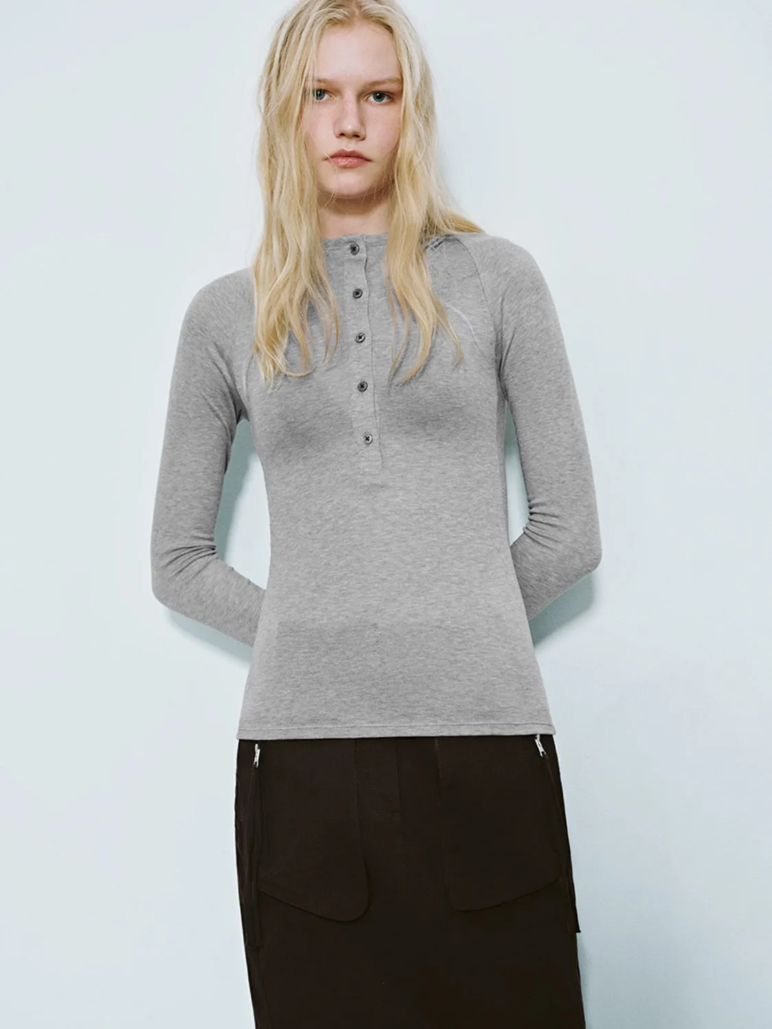 Button Half Placket Skinny T-Shirts sold by Urban Revivo product image thumbnail 3