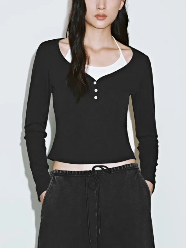 Button Half Placket Skinny T-Shirts sold by Urban Revivo