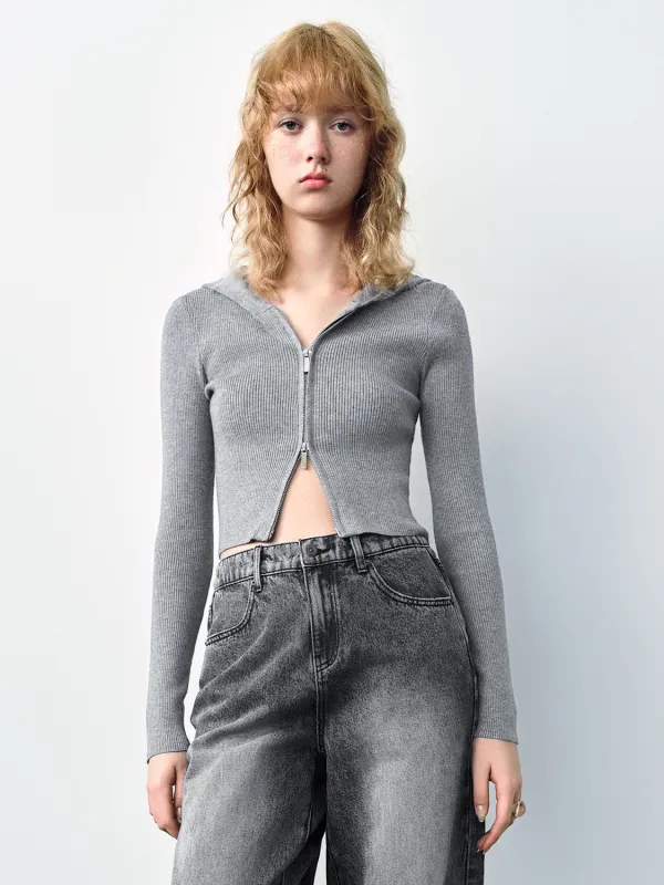 Zipper Front Hooded Skinny Knitted Cardigan sold by Urban Revivo
