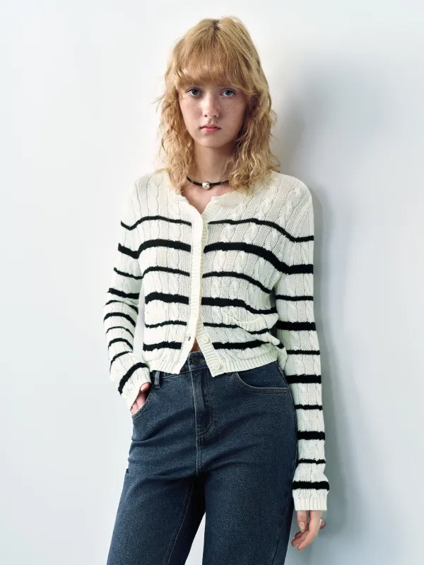 Striped Crew Neck Knitted Cardigan sold by Urban Revivo