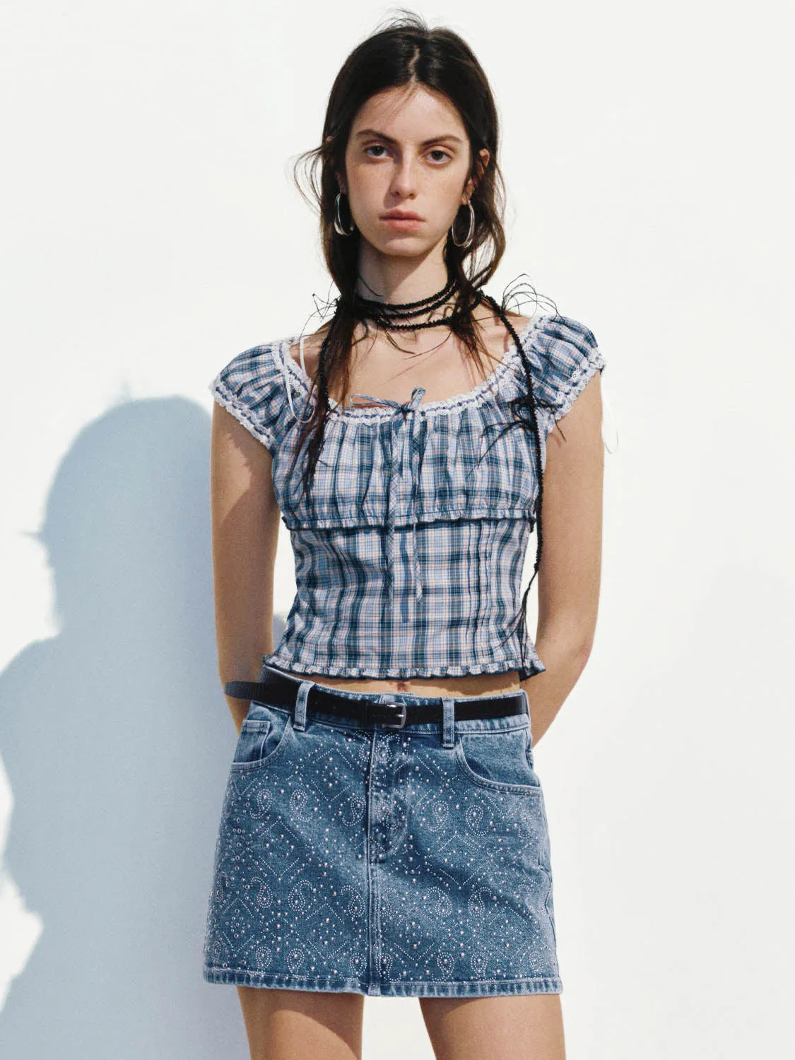 Checkered Shirred Blouses sold by Urban Revivo