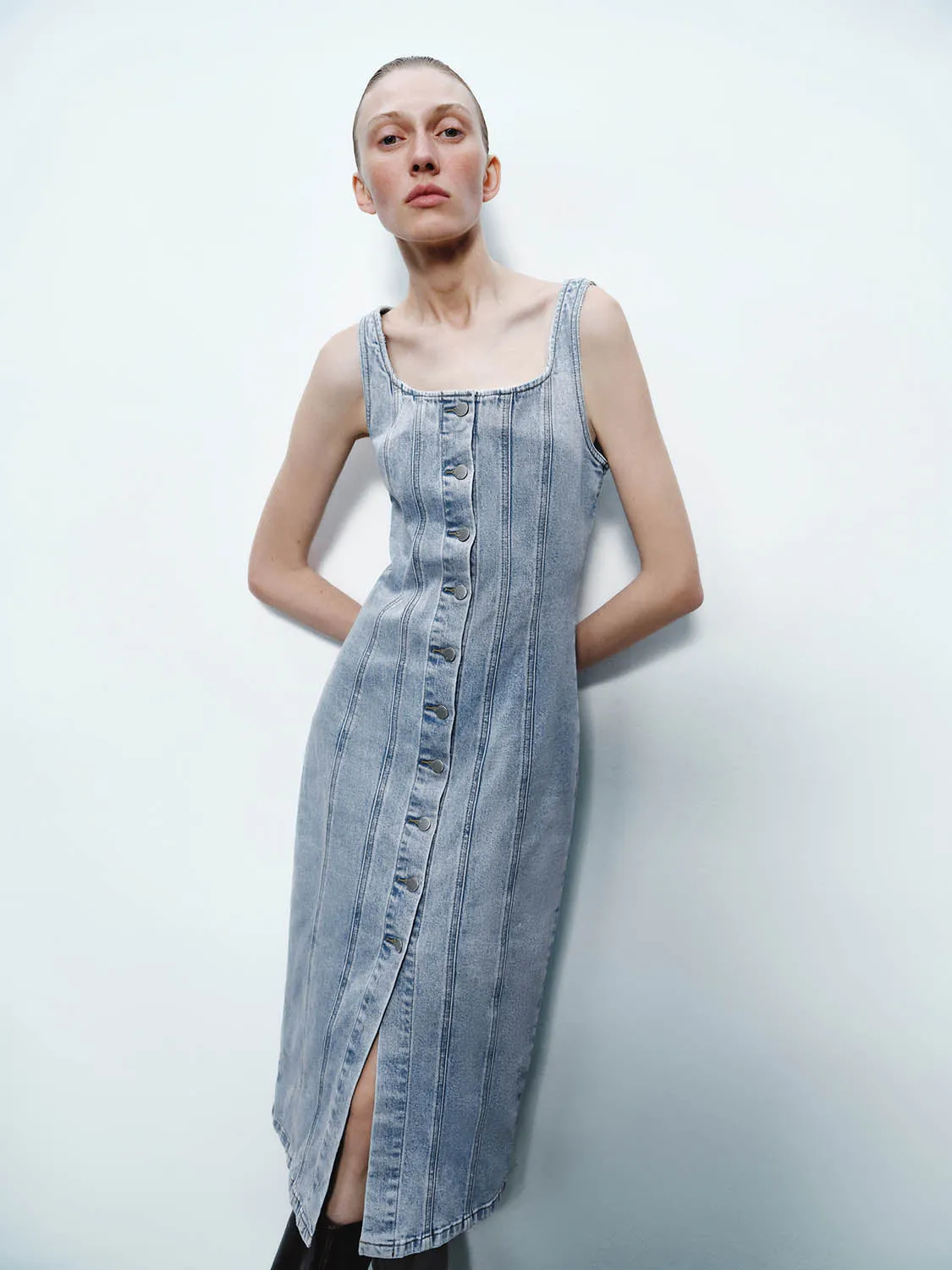 Wide Strap Button Up Denim Dresses sold by Urban Revivo product image thumbnail 5