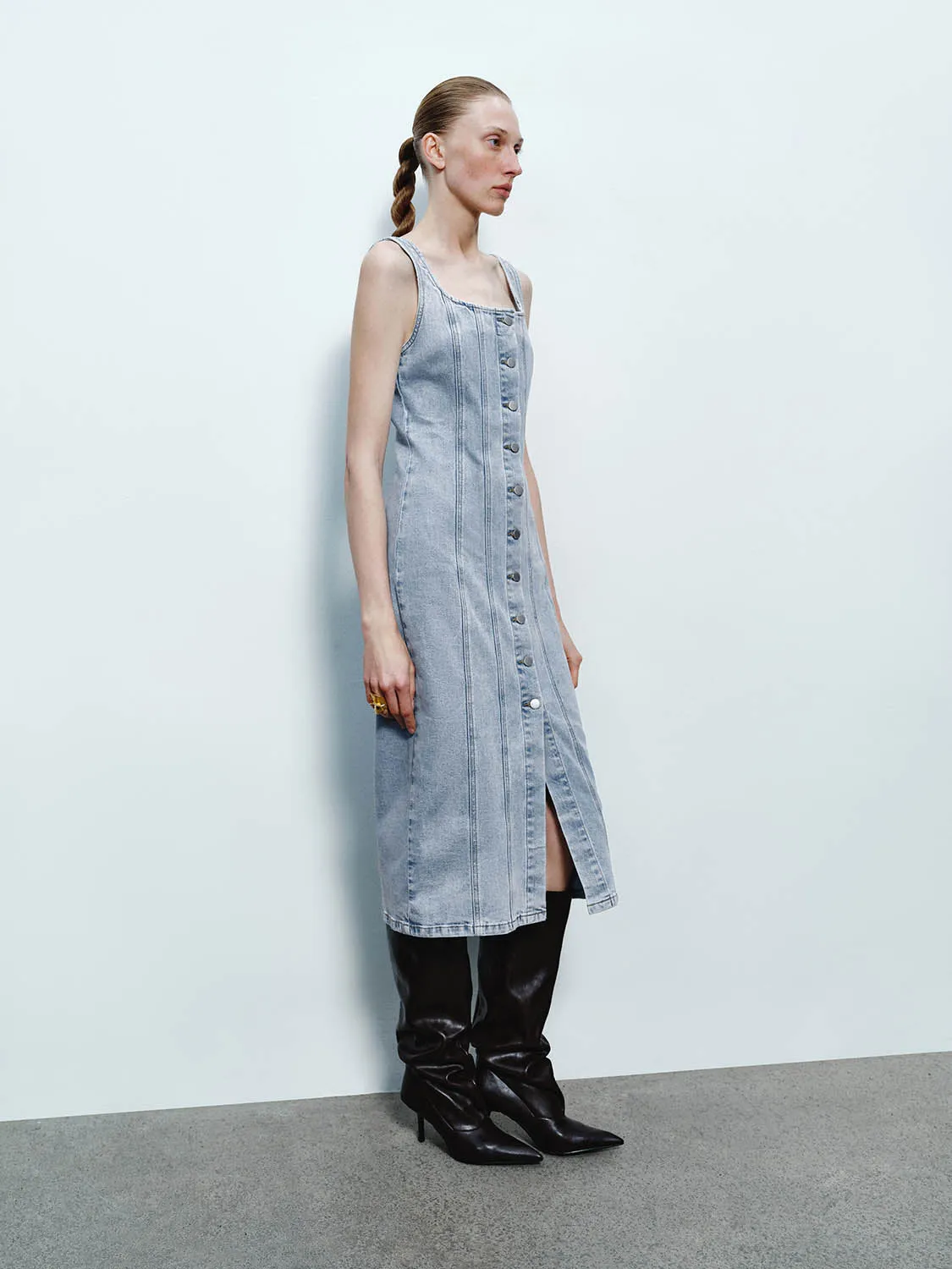 Wide Strap Button Up Denim Dresses sold by Urban Revivo product image thumbnail 4