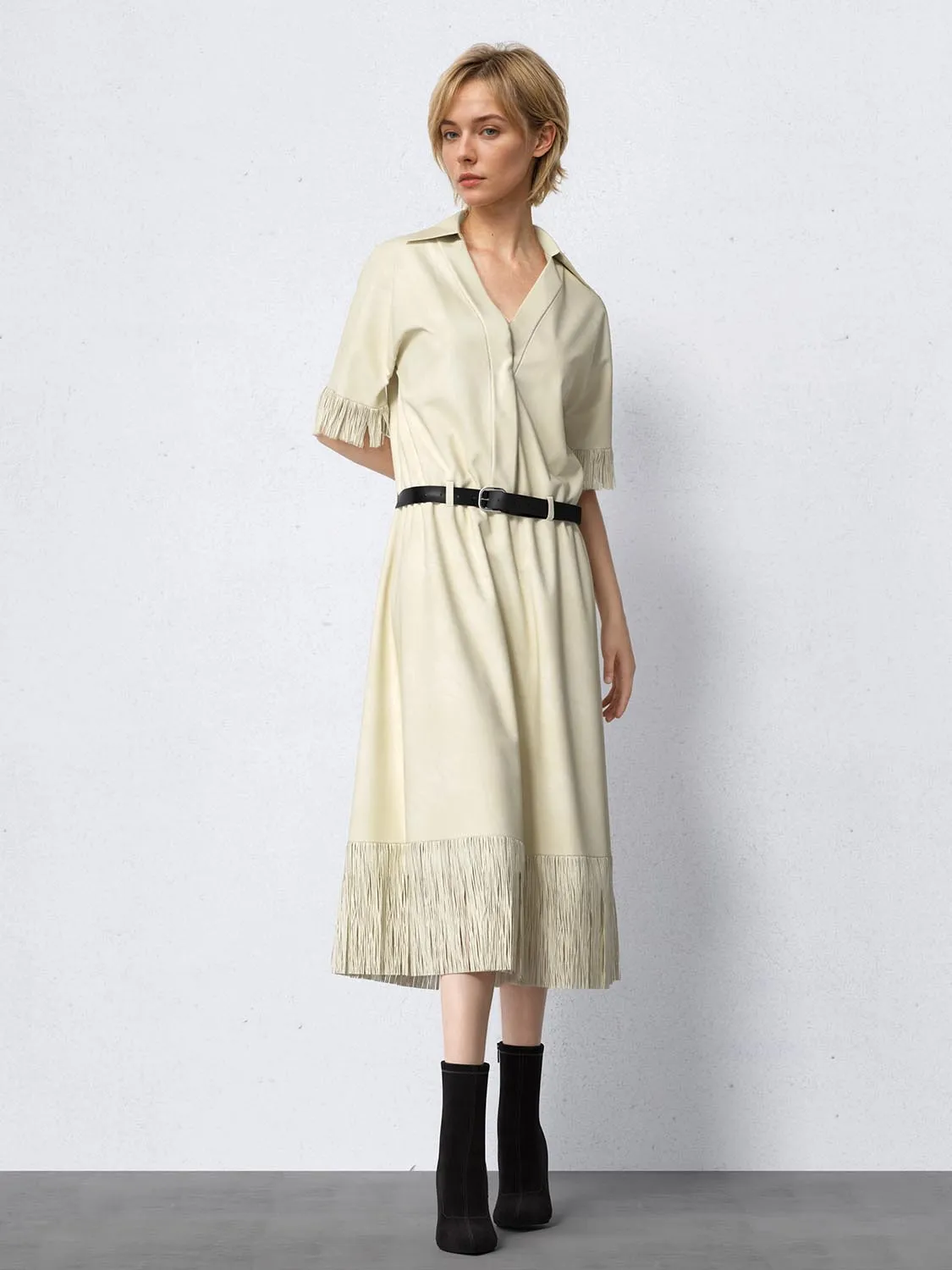 Tassel Hem Lapel V-Neck A-Line Dress sold by Urban Revivo