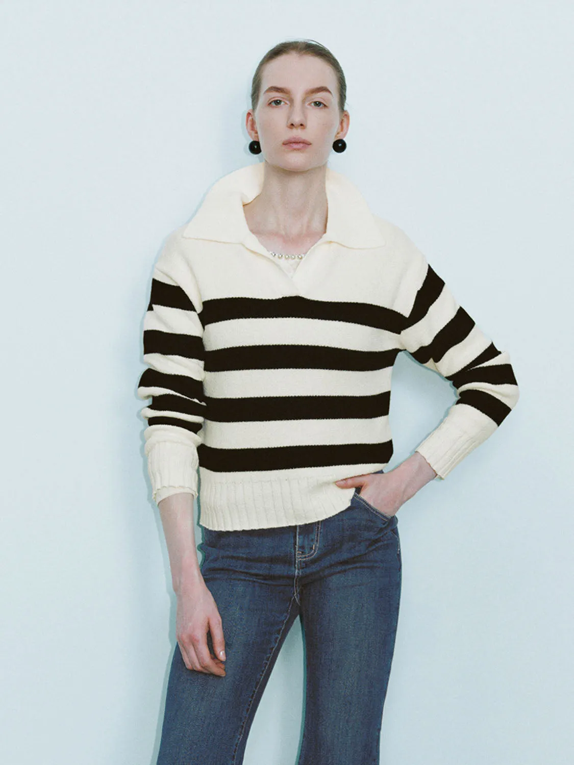 Striped Lapel Knitted T-Shirts sold by Urban Revivo