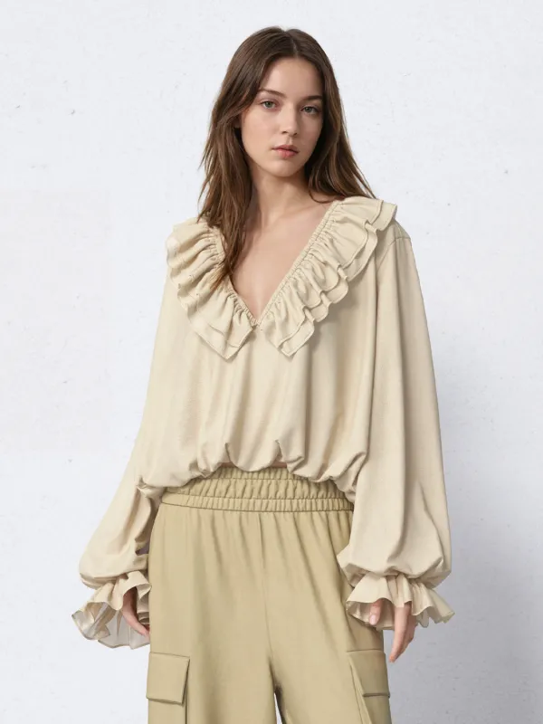 Ruffle Collar V-Neck Loose Blouses sold by Urban Revivo