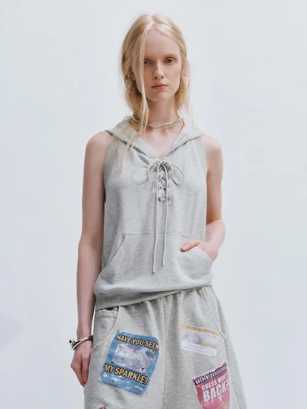 Lace Up Front Sleeveless Hoodie sold by Urban Revivo