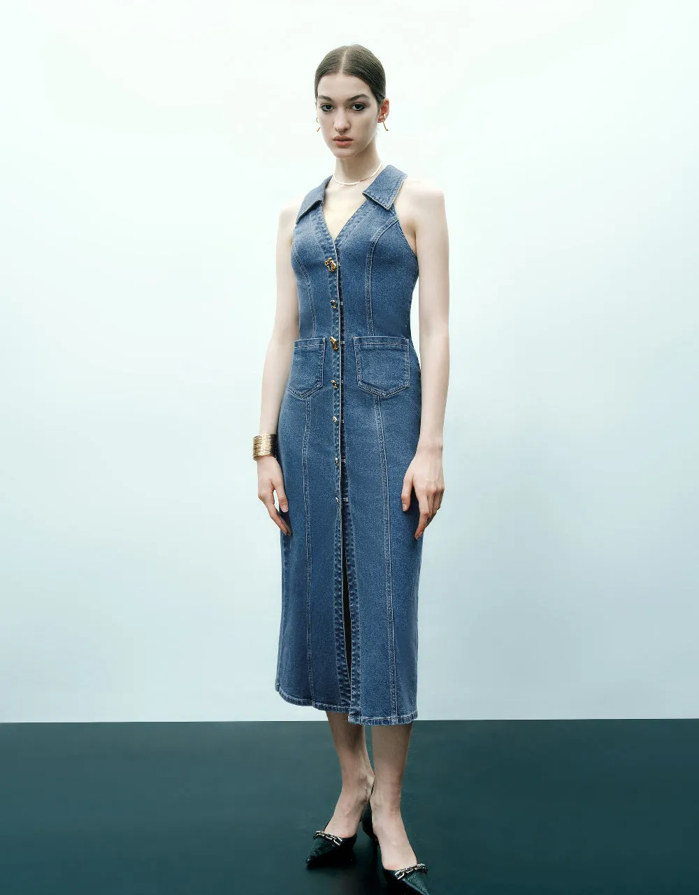 Sleeveless Lapel Denim Dress sold by Urban Revivo