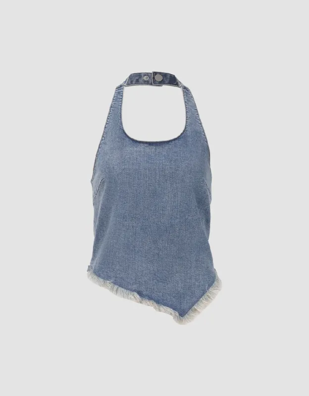 Raw Hem Halter Neck Denim Vest sold by Urban Revivo