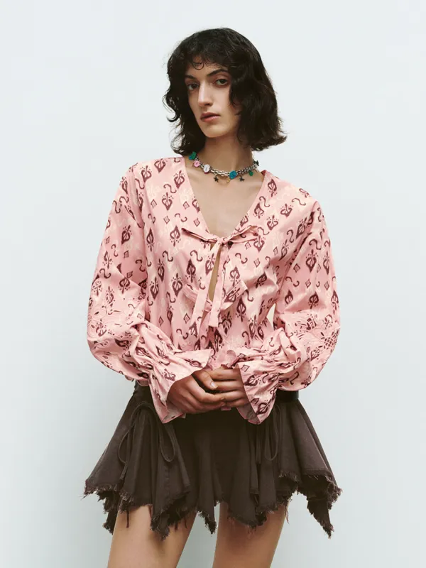 Printed Lace Up Front Blouses sold by Urban Revivo