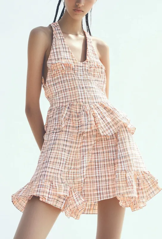 Plaid V-Neck Tiered Ruffle Mini Dresses made by Urban Revivo