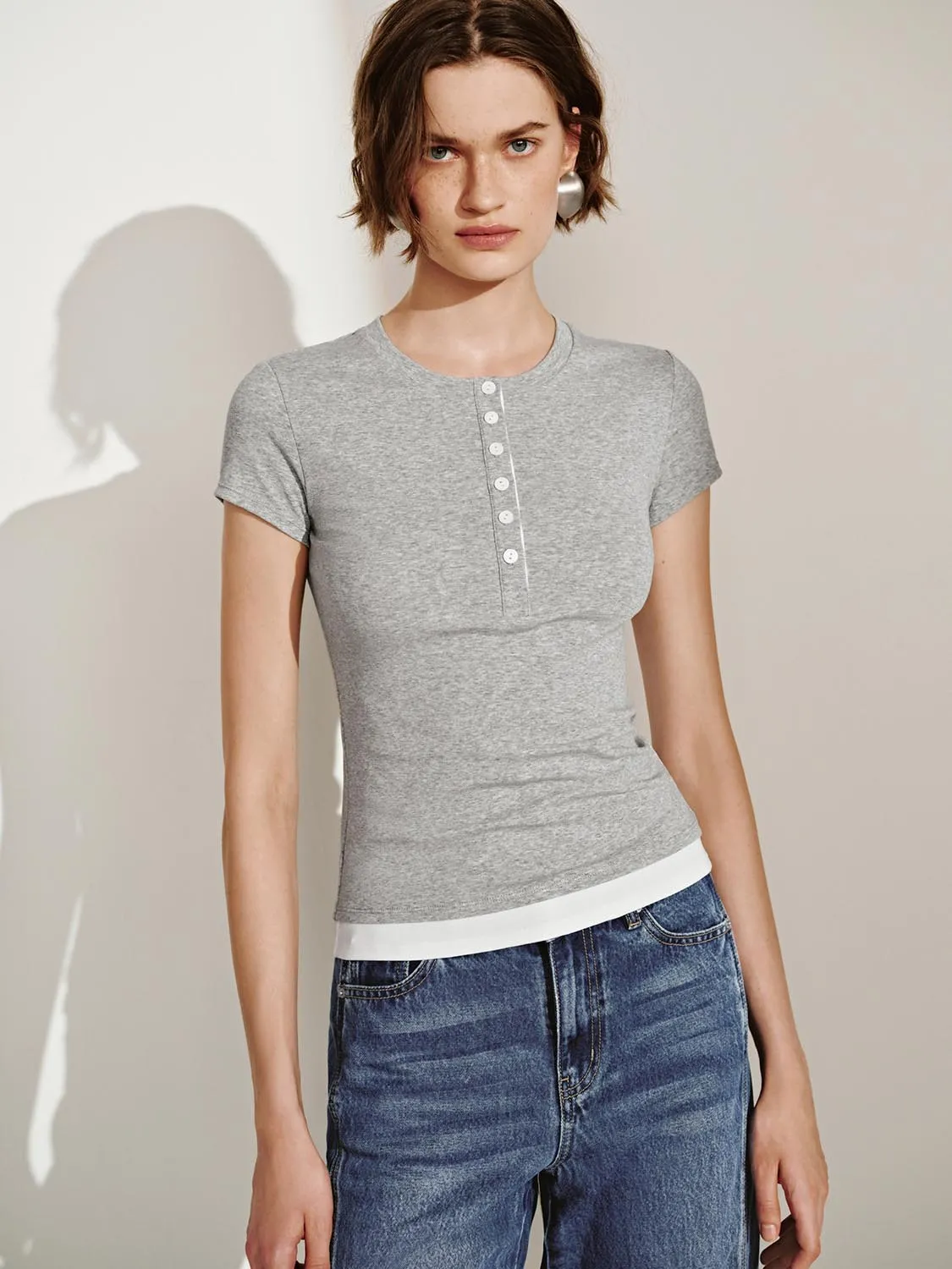 Button Half Placket Short Sleeve T-Shirts sold by Urban Revivo