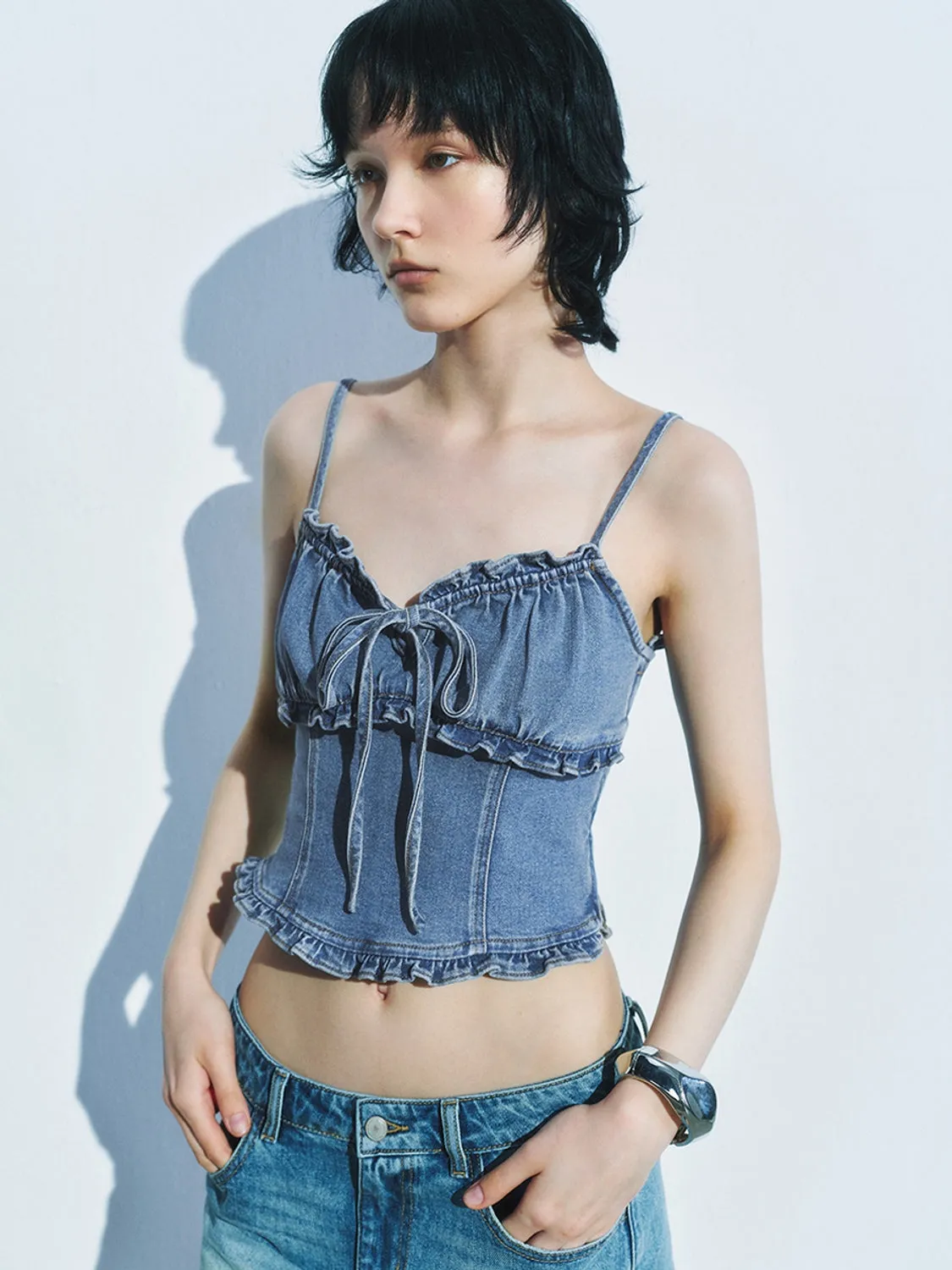 Denim Ruffle Tops sold by Urban Revivo