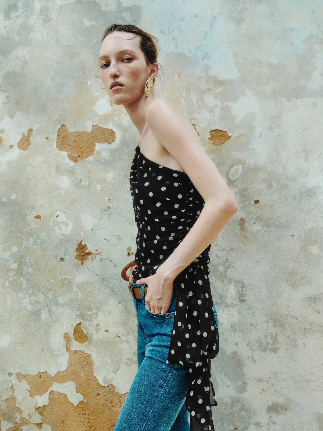 One Shoulder Off Polka Dot Blouses sold by Urban Revivo product image thumbnail 2