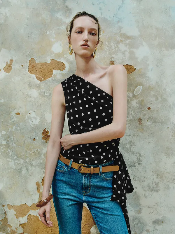 One Shoulder Off Polka Dot Blouses made by Urban Revivo