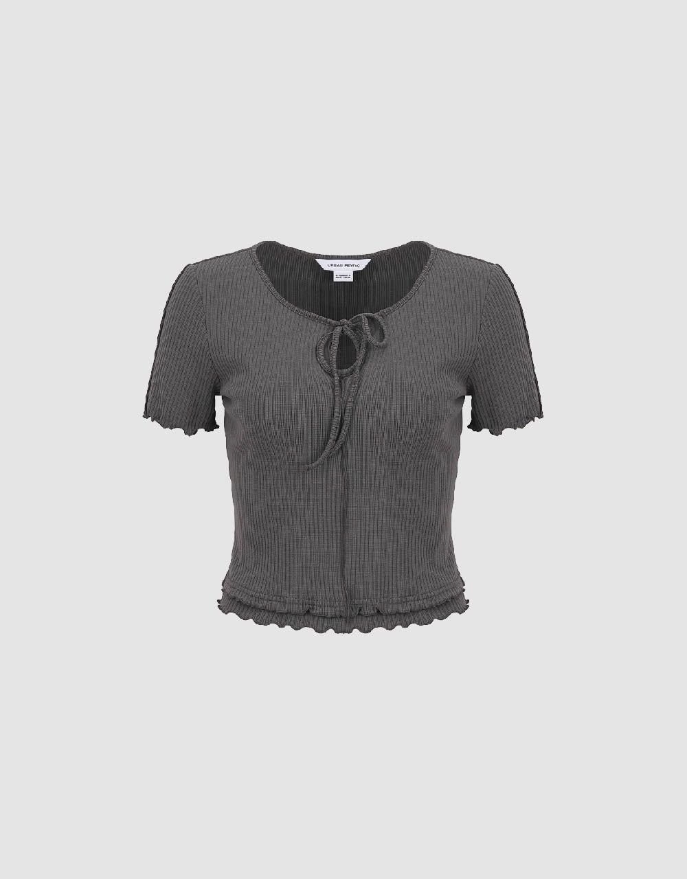 Frill Trim Tie Front Knitted T-Shirt sold by Urban Revivo