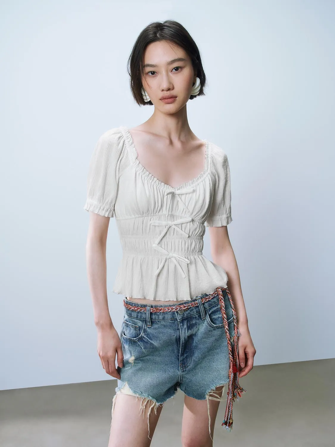 Shirred Bow Décor Blouses sold by Urban Revivo