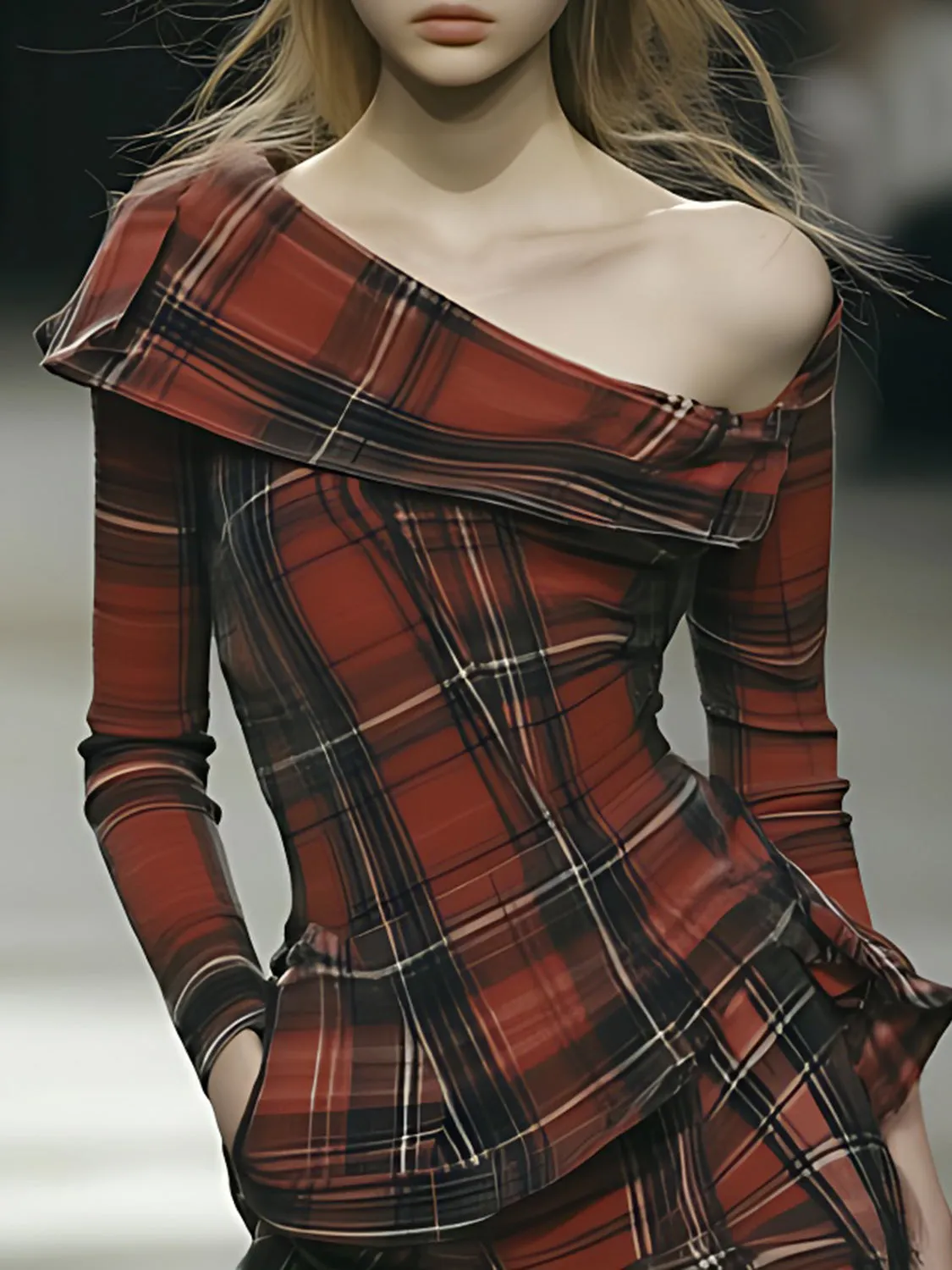 One Shoulder Plaid Skinny Fit Shirts sold by Urban Revivo