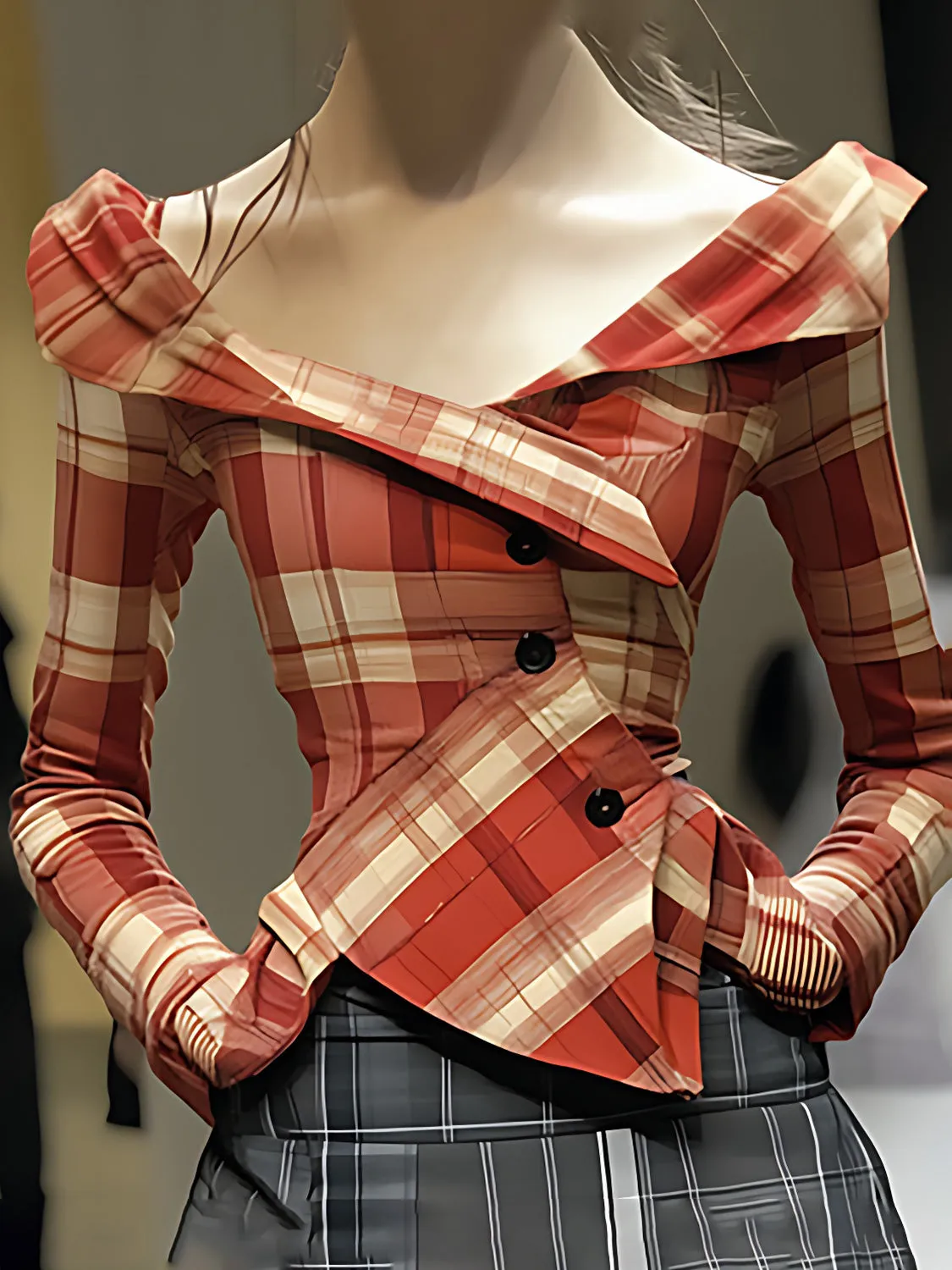Off Shoulder Plaid Button Jackets sold by Urban Revivo