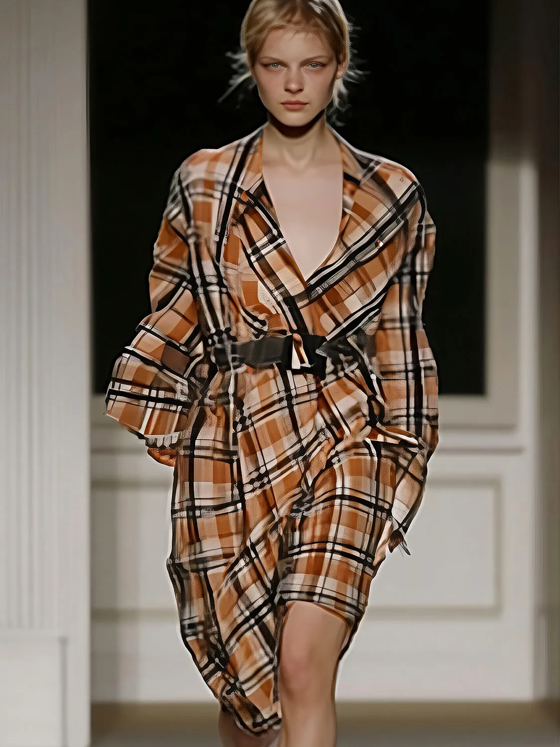 V-Neck Plaid A-Line Belted Dresses sold by Urban Revivo