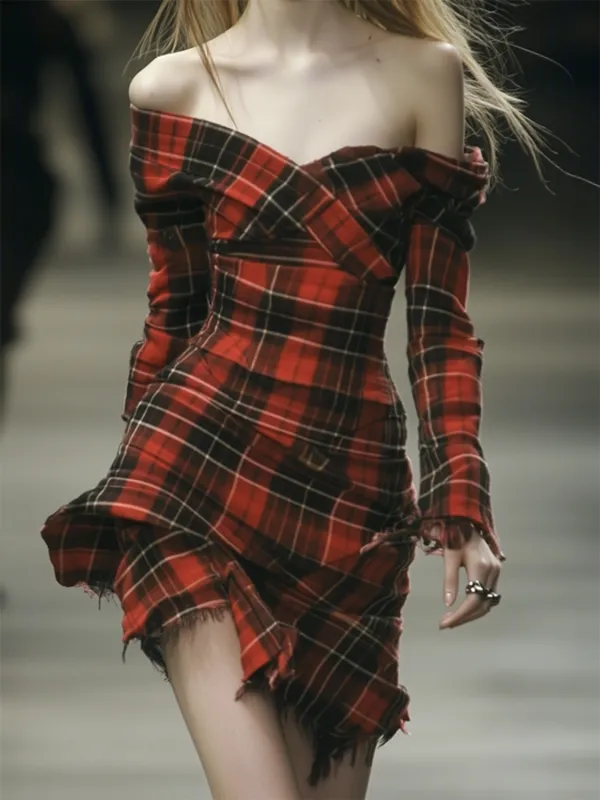 Off Shoulder Plaid Irregular Hem A-Line Mini Dresses sold by Urban Revivo