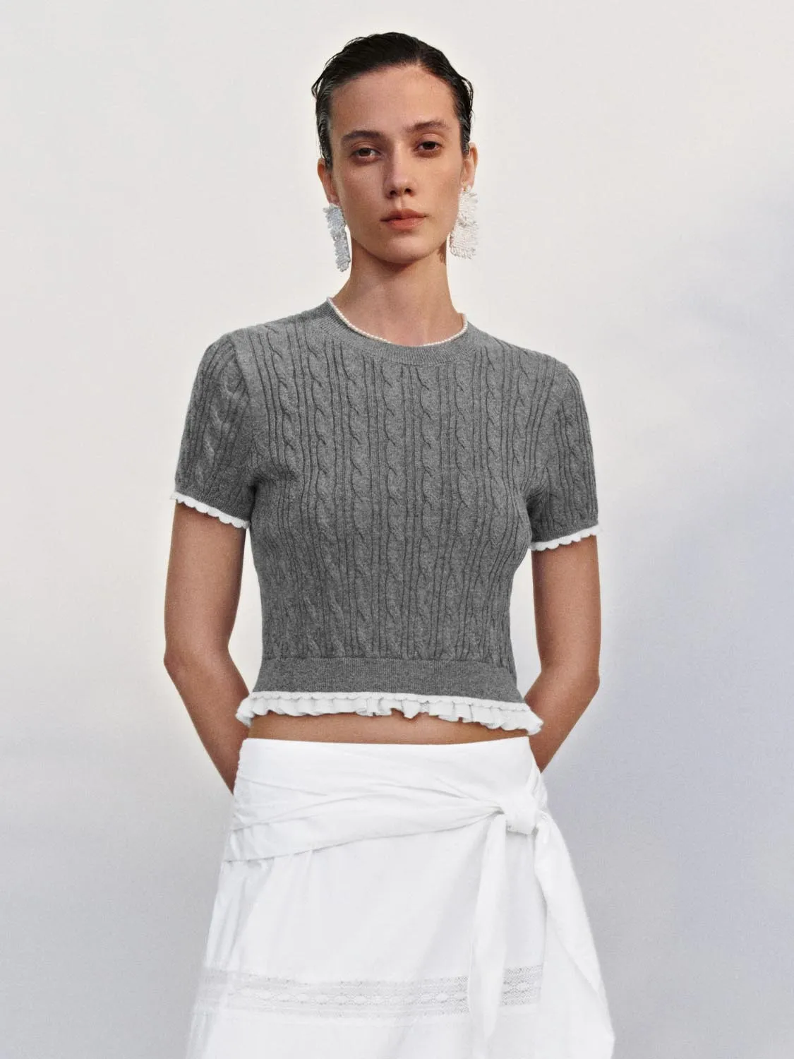 Lettuce Trim Cable Knitted T-Shirts sold by Urban Revivo