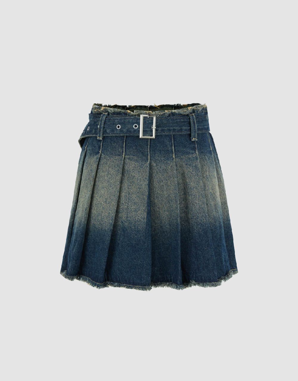 Raw Hem Pleated Mini A-Line Denim Skirt sold by Urban Revivo
