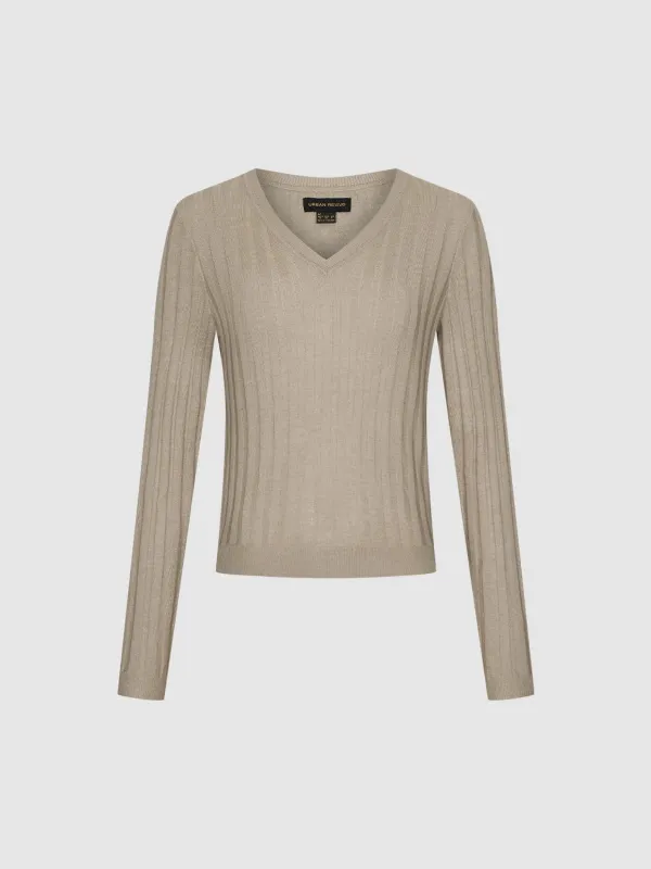 Rib Knit V-Neck Long Sleeve T-Shirts sold by Urban Revivo