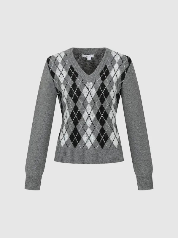 V-Neck Argyle Knitted T-Shirts sold by Urban Revivo