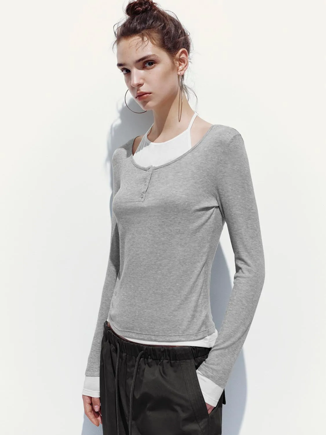 Button Top Long Sleeve T-Shirts sold by Urban Revivo product image thumbnail 2