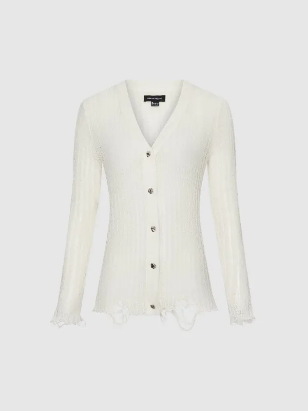 Ripped Hem V-Neck Knitted Cardigans sold by Urban Revivo