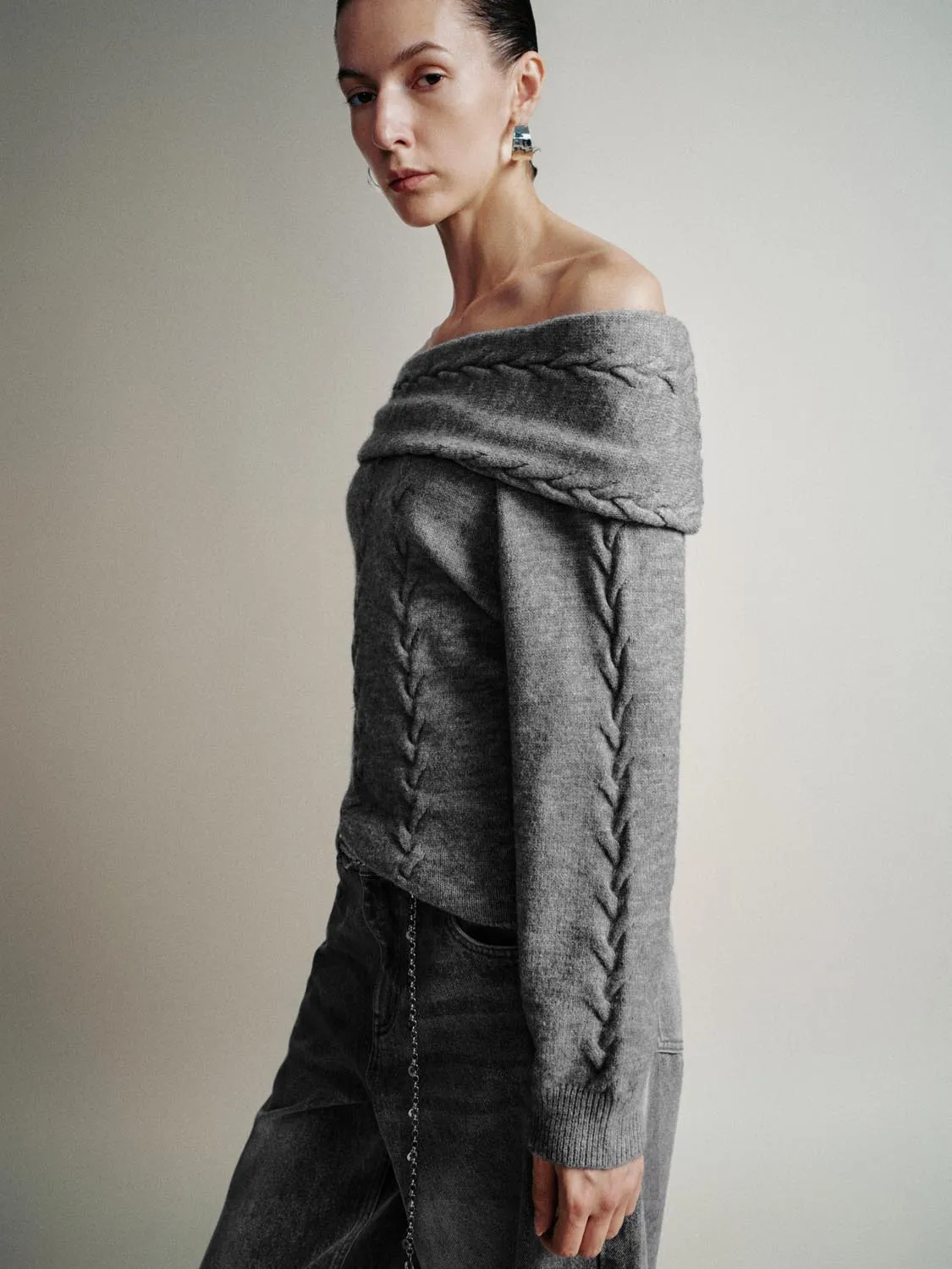 Off Shoulder Cable Knit T-Shirts sold by Urban Revivo product image thumbnail 2