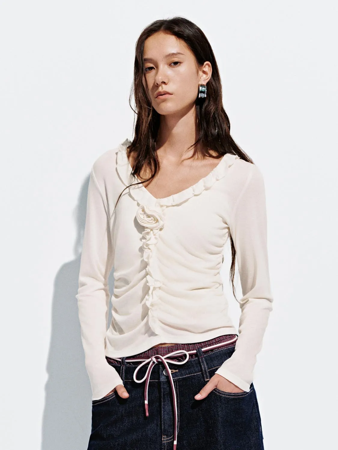 Floral Ruffle Long Sleeve T-Shirts sold by Urban Revivo