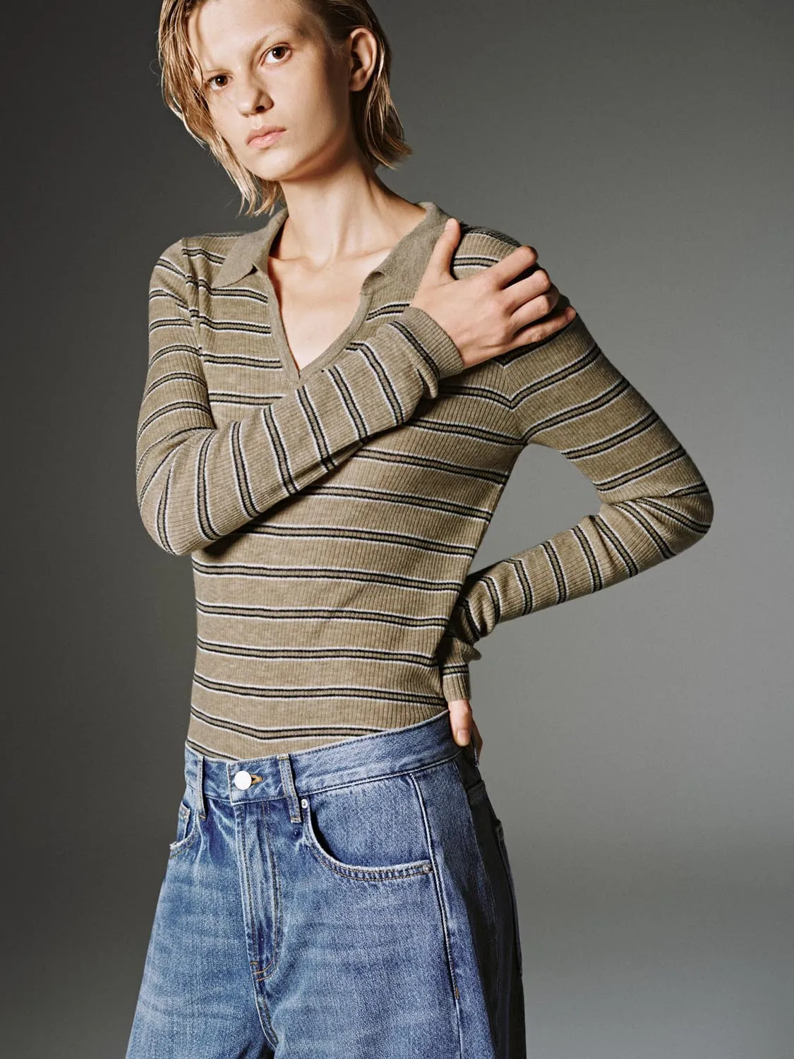 Collared Stripe Long Sleeve Knitted T-Shirts sold by Urban Revivo product image thumbnail 3