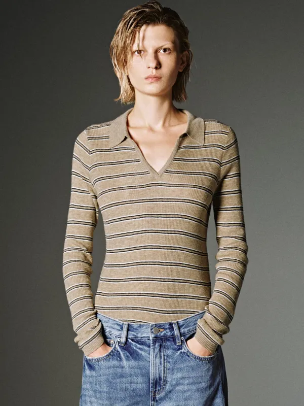 Collared Stripe Long Sleeve Knitted T-Shirts sold by Urban Revivo