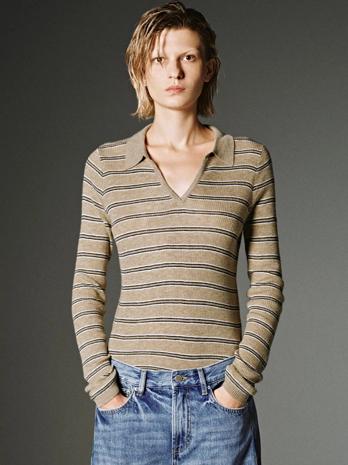 Collared Stripe Long Sleeve Knitted T-Shirts sold by Urban Revivo